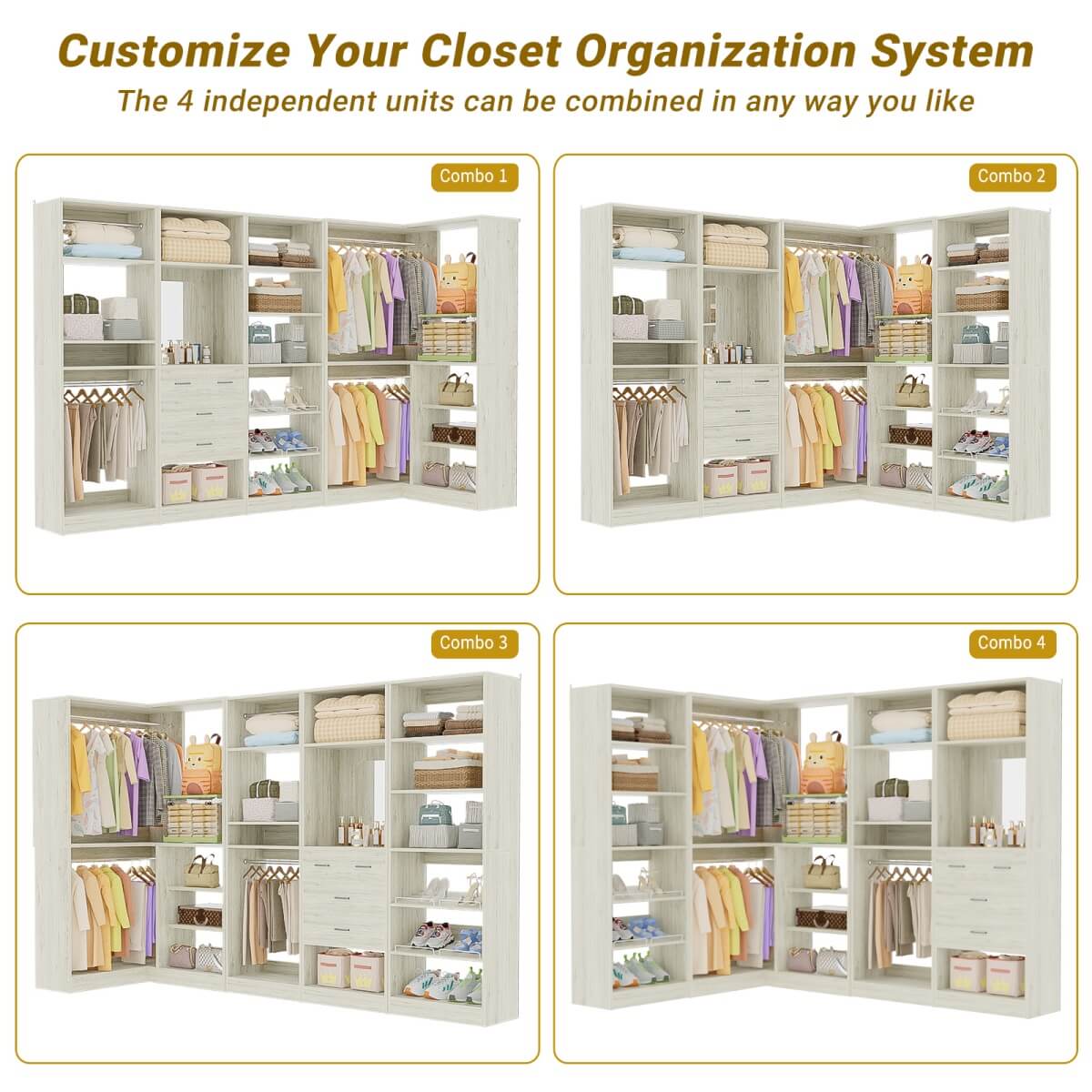 110'' Closet System with 4 Sets, Freestanding Heavy Duty Walk In Closet Organizer Tower with 4 Hanging Rods and 4 Drawers, Max Load 3000 LBS