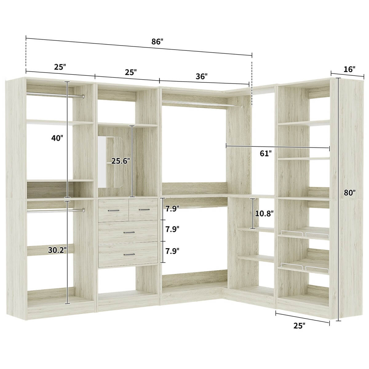 110'' Closet System with 4 Sets, Freestanding Heavy Duty Walk In Closet Organizer Tower with 4 Hanging Rods and 4 Drawers, Max Load 3000 LBS