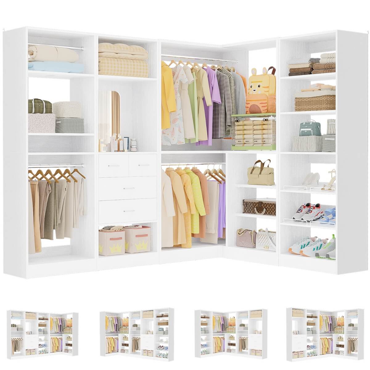 110'' Closet System with 4 Sets, Freestanding Heavy Duty Walk In Closet Organizer Tower with 4 Hanging Rods and 4 Drawers, Max Load 3000 LBS