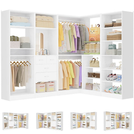 110'' Closet System with 4 Sets, Freestanding Heavy Duty Walk In Closet Organizer Tower with 4 Hanging Rods and 4 Drawers, Max Load 3000 LBS