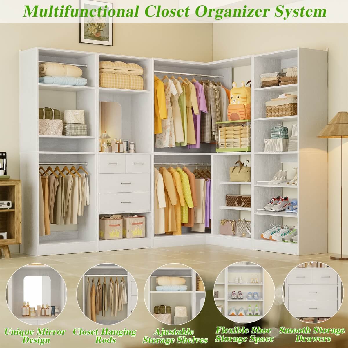 110'' Closet System with 4 Sets, Freestanding Heavy Duty Walk In Closet Organizer Tower with 4 Hanging Rods and 4 Drawers, Max Load 3000 LBS