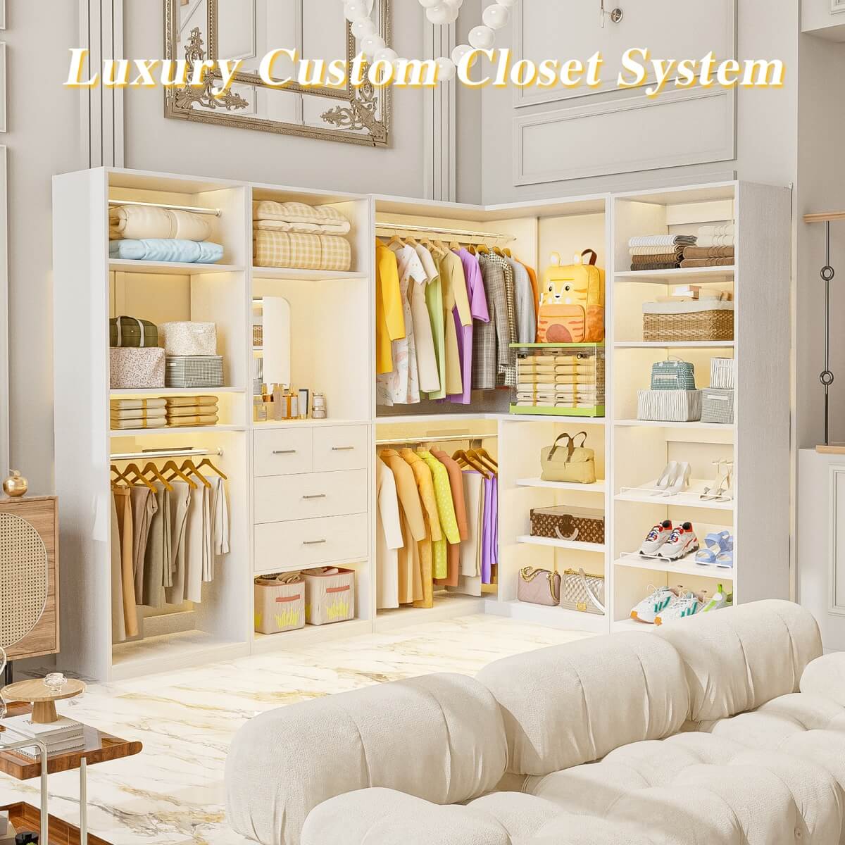 110'' Closet System with 4 Sets, Freestanding Heavy Duty Walk In Closet Organizer Tower with 4 Hanging Rods and 4 Drawers, Max Load 3000 LBS