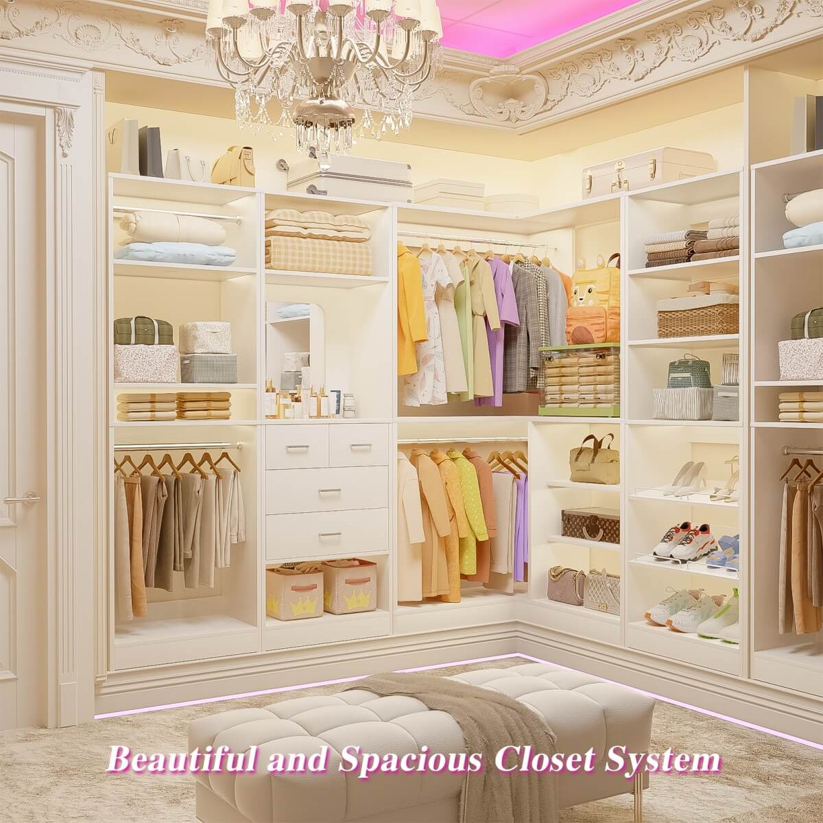 110'' Closet System with 4 Sets, Freestanding Heavy Duty Walk In Closet Organizer Tower with 4 Hanging Rods and 4 Drawers, Max Load 3000 LBS