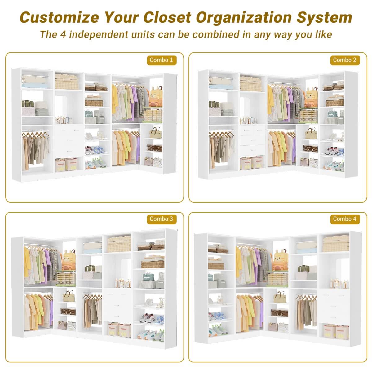 110'' Closet System with 4 Sets, Freestanding Heavy Duty Walk In Closet Organizer Tower with 4 Hanging Rods and 4 Drawers, Max Load 3000 LBS
