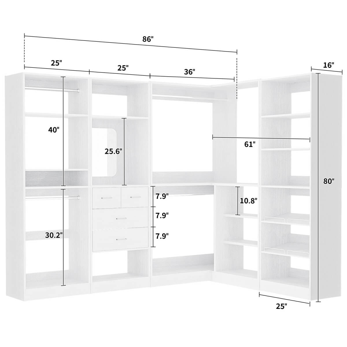 110'' Closet System with 4 Sets, Freestanding Heavy Duty Walk In Closet Organizer Tower with 4 Hanging Rods and 4 Drawers, Max Load 3000 LBS