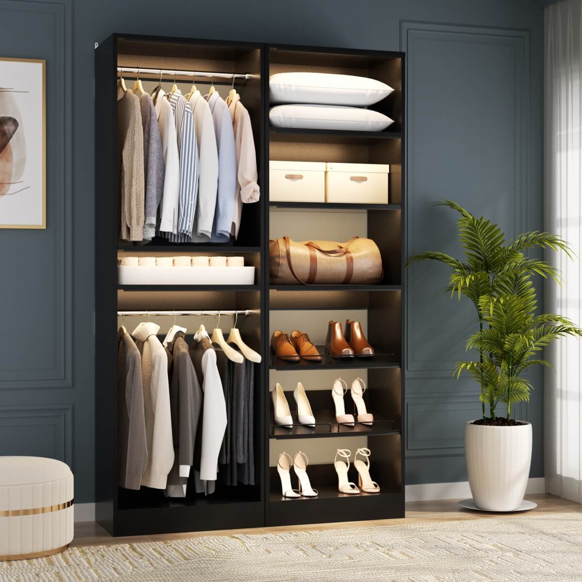 50'' Walk-in Closet System with 2 Sets, Closet Organizer with Hanging Rods & Shoe Racks