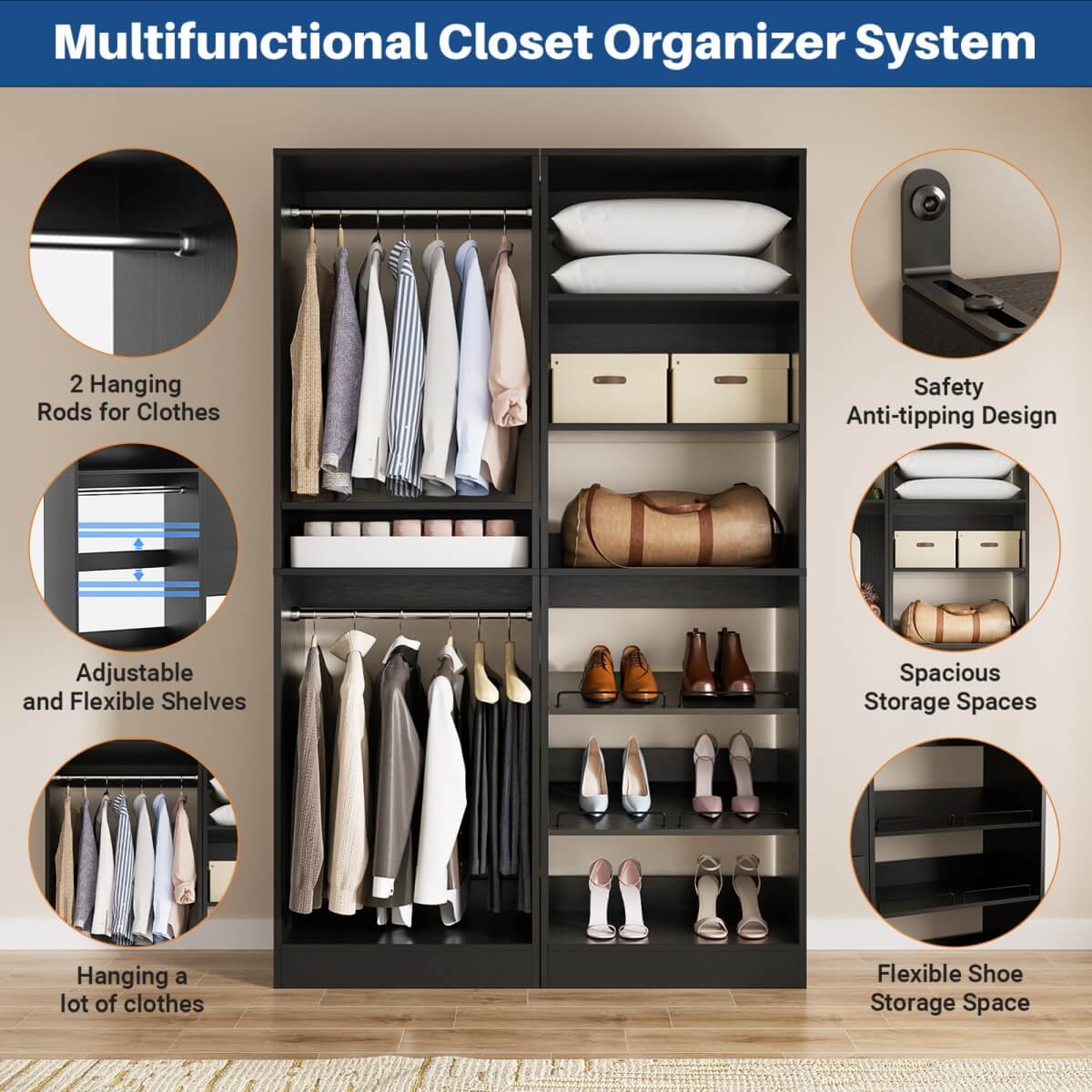 50'' Walk-in Closet System with 2 Sets, Closet Organizer with Hanging Rods & Shoe Racks
