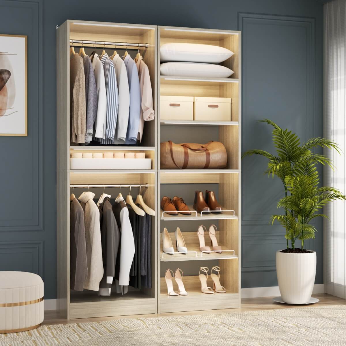 50'' Walk-in Closet System with 2 Sets, Closet Organizer with Hanging Rods & Shoe Racks