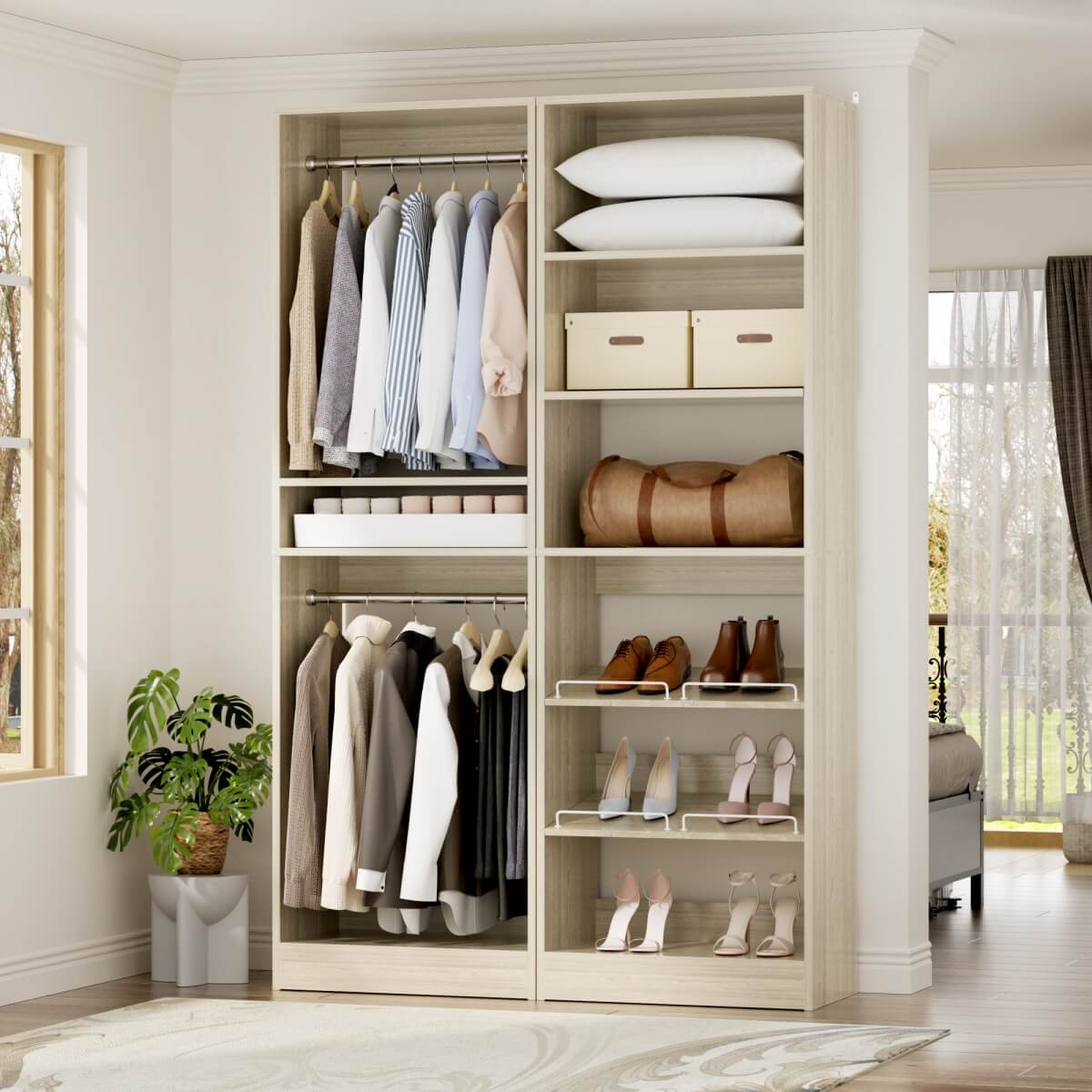 50'' Walk-in Closet System with 2 Sets, Closet Organizer with Hanging Rods & Shoe Racks