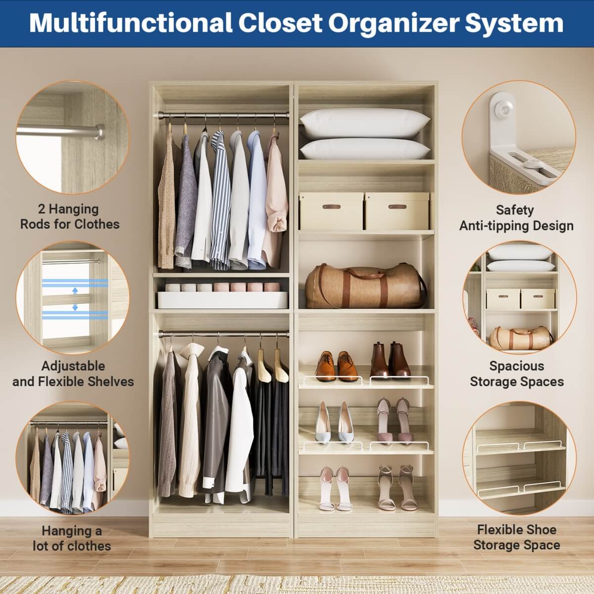 50'' Walk-in Closet System with 2 Sets, Closet Organizer with Hanging Rods & Shoe Racks
