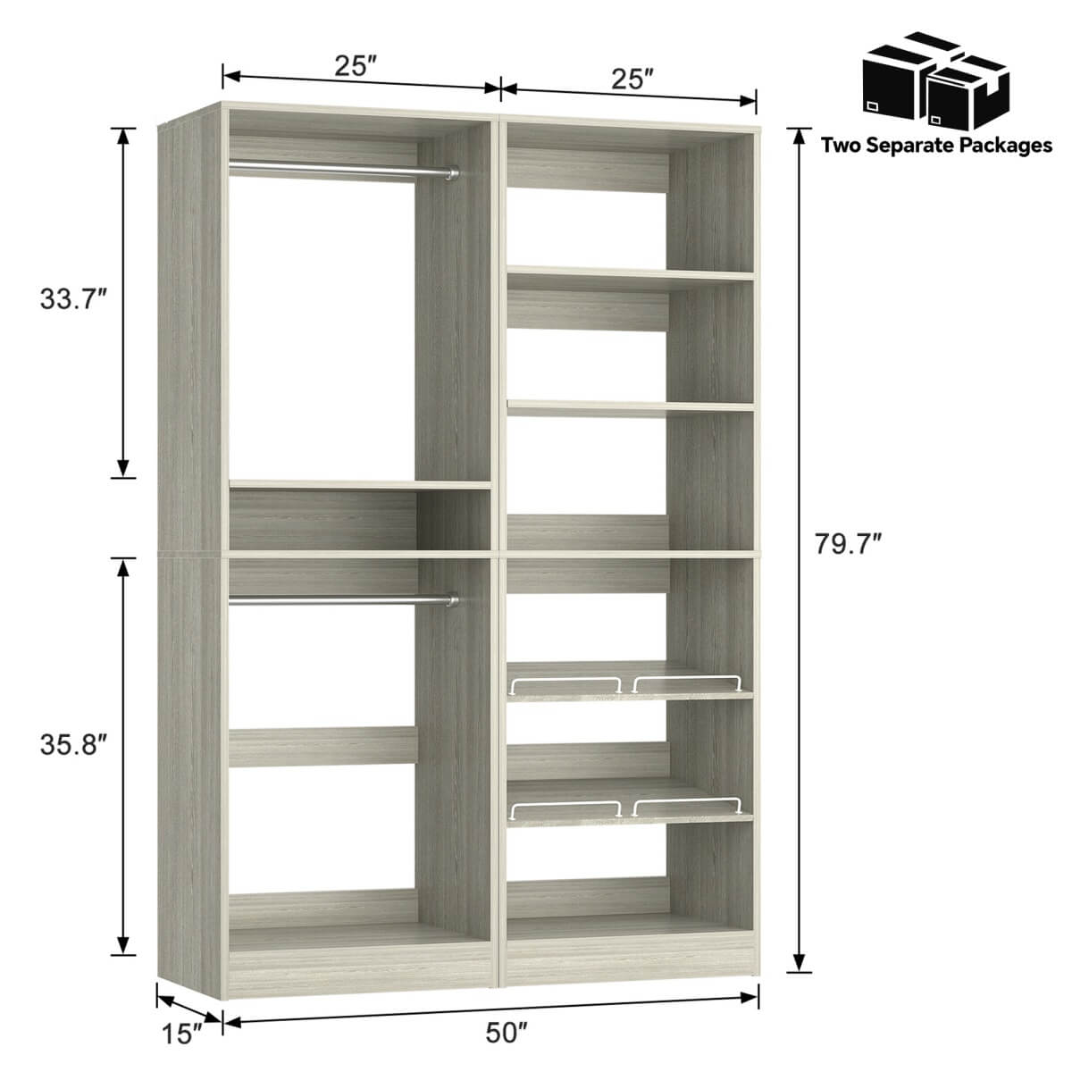 50'' Walk-in Closet System with 2 Sets, Closet Organizer with Hanging Rods & Shoe Racks
