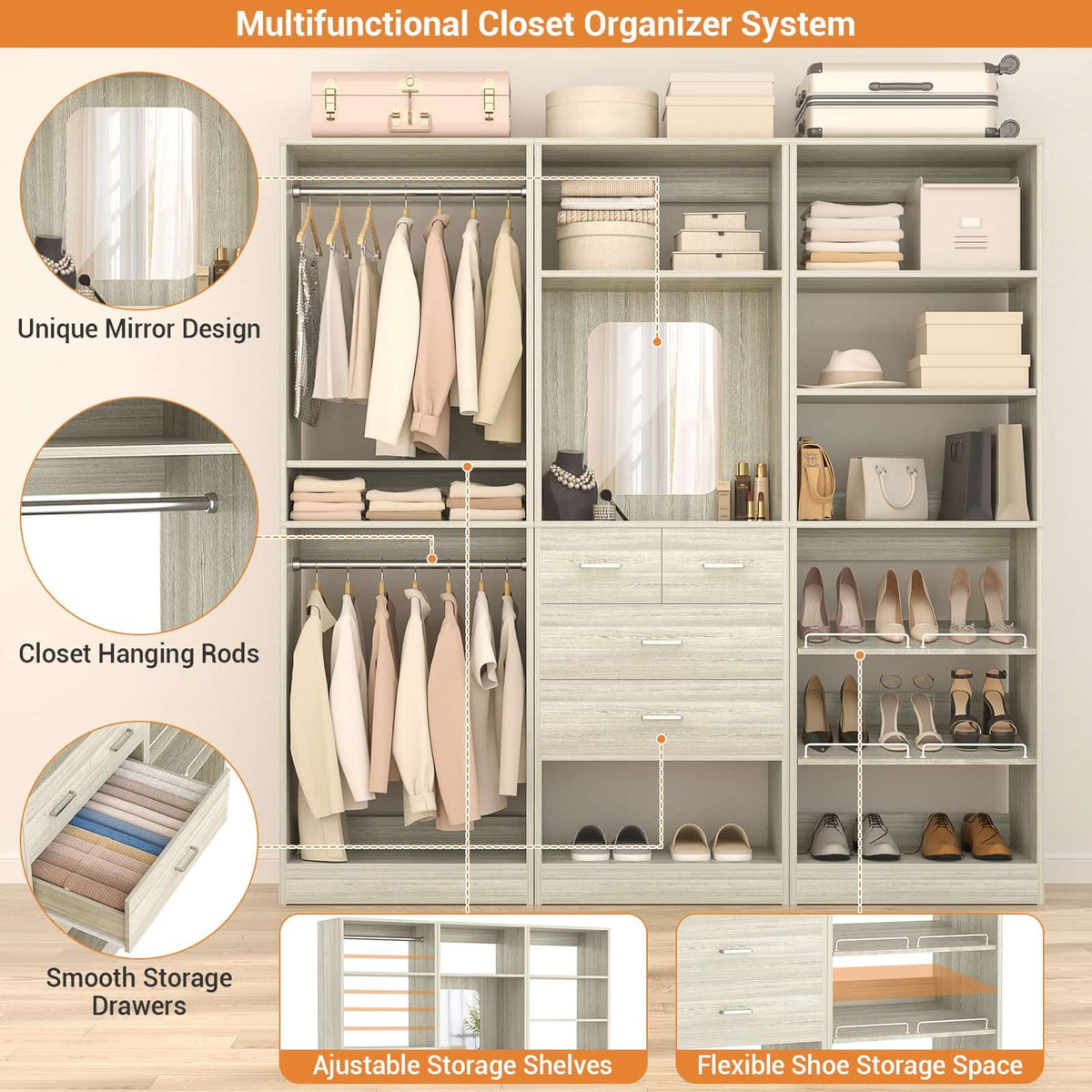 75" Closet Organizer System with Mirror, Wood Closets Organizer with Hanging Rods and Drawers