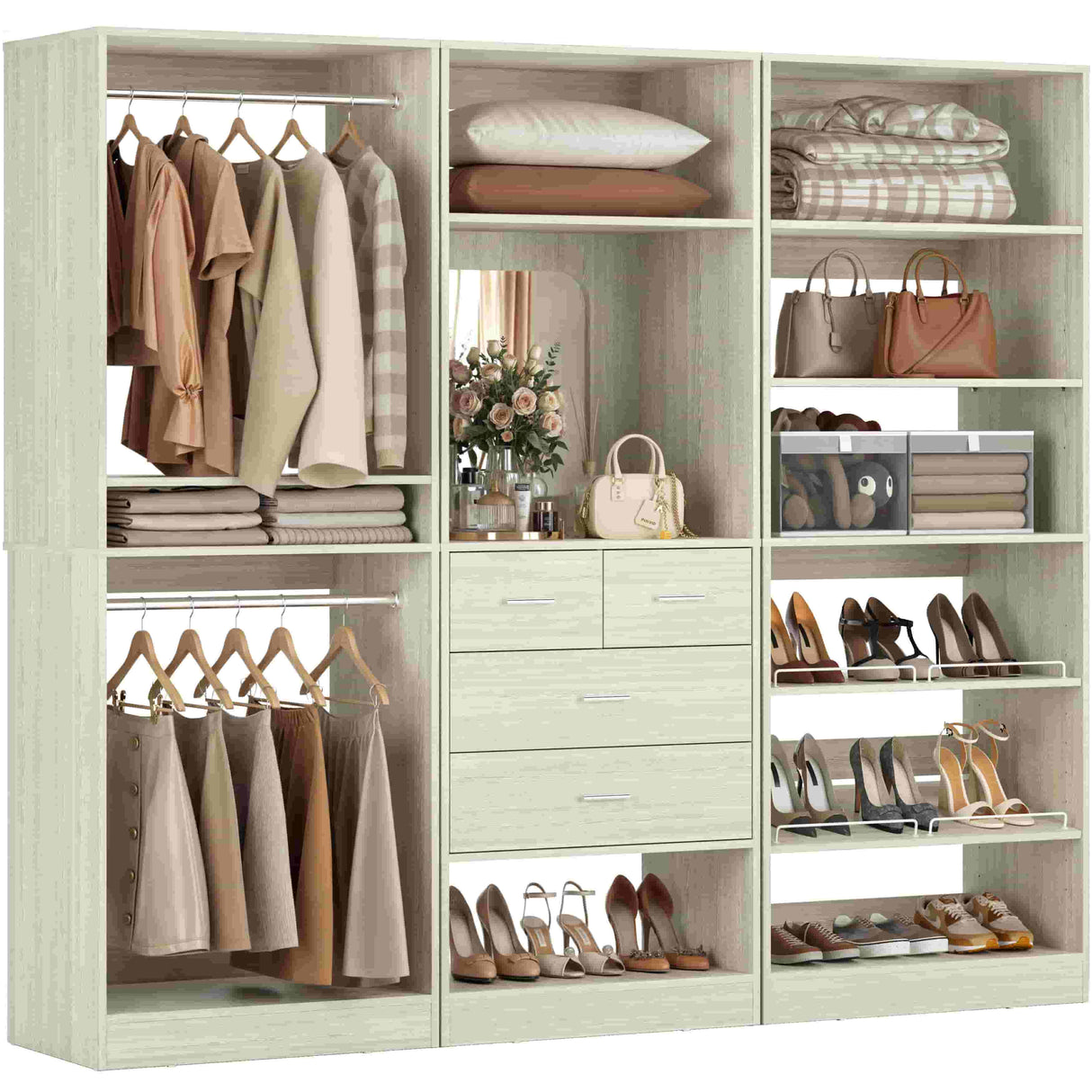 75" Closet Organizer System with Mirror, Wood Closets Organizer with Hanging Rods and Drawers
