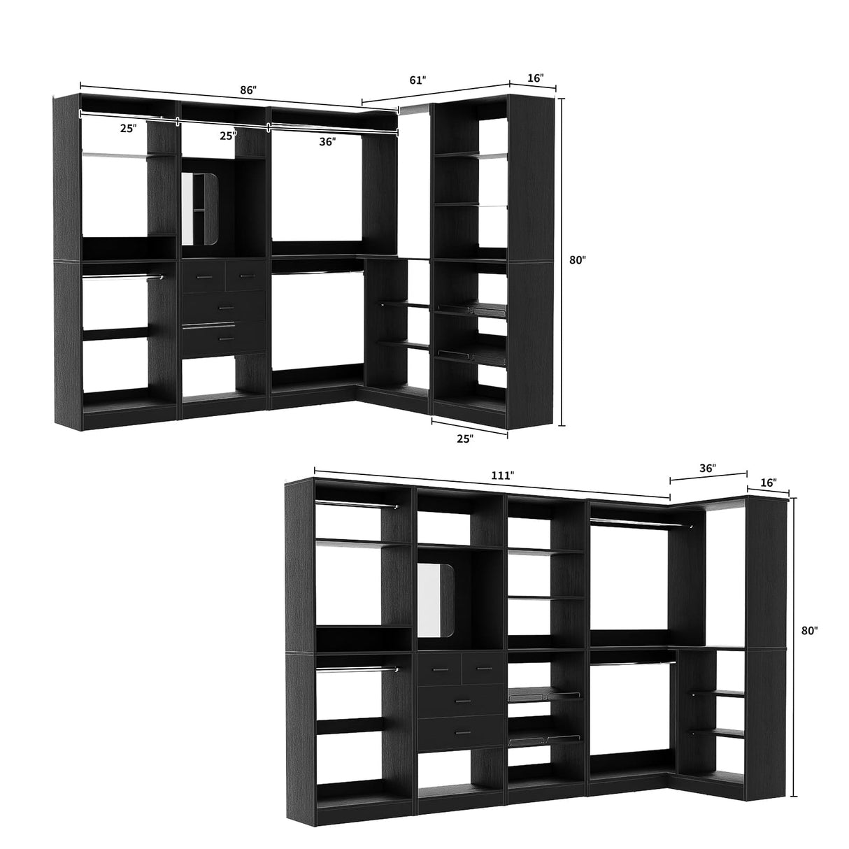 110” Closet System with Drawers, Corner Closet Organizer with 4 Hanging Rods and Mirror Design
