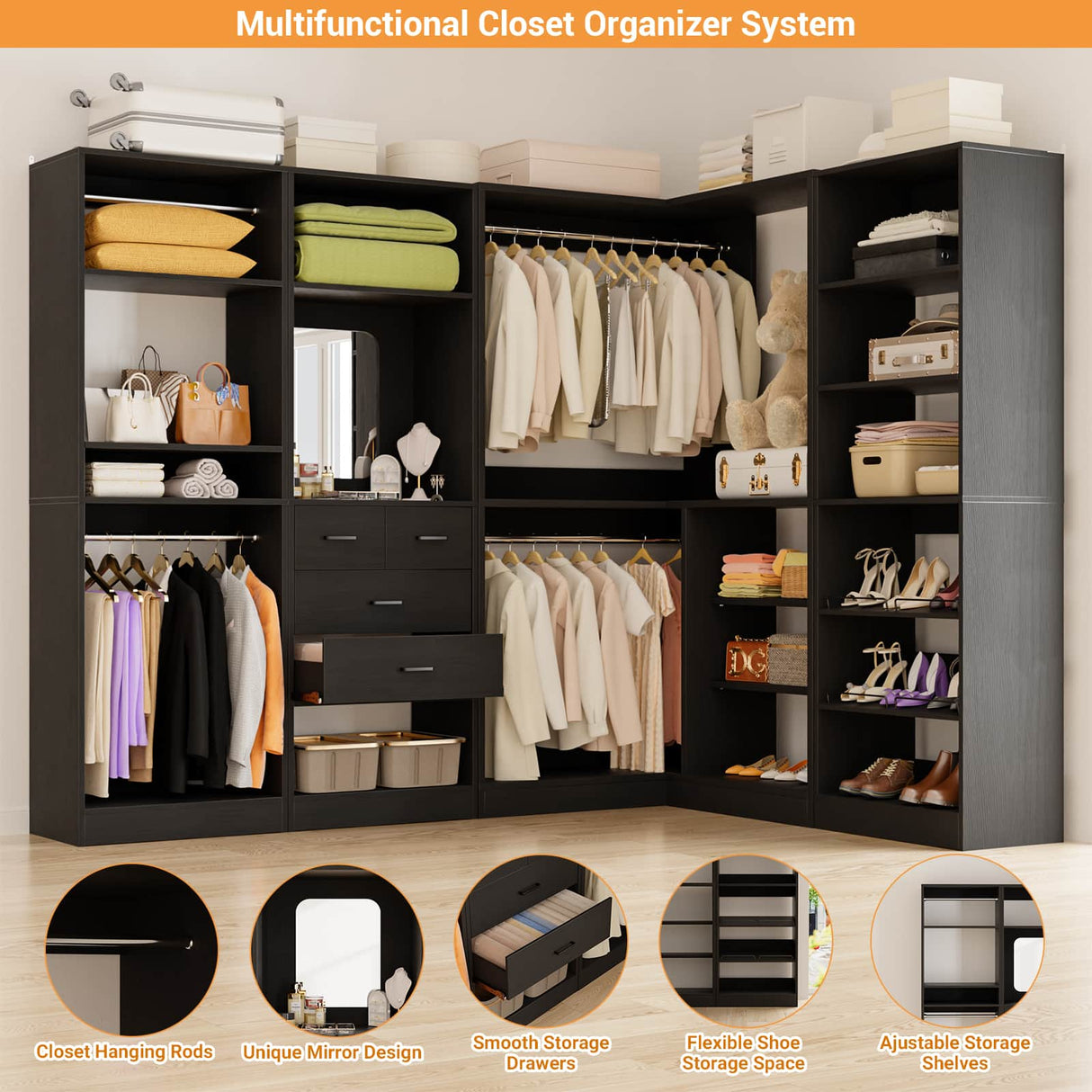 110” Closet System with Drawers, Corner Closet Organizer with 4 Hanging Rods and Mirror Design
