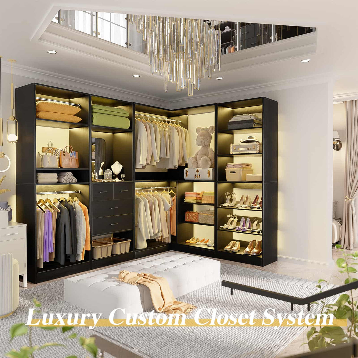 110” Closet System with Drawers, Corner Closet Organizer with 4 Hanging Rods and Mirror Design
