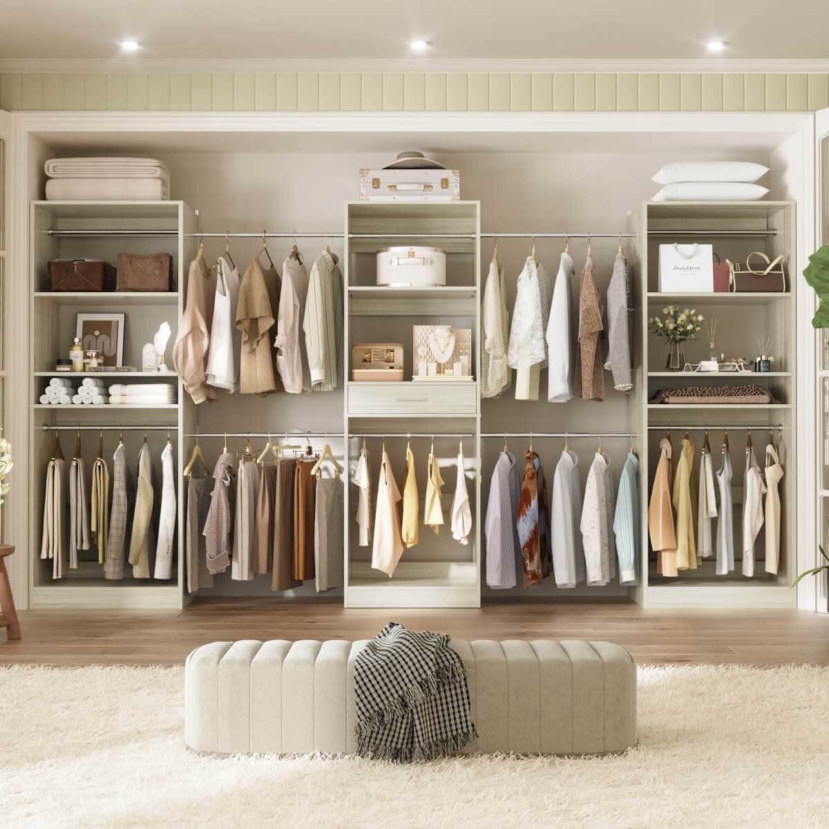 Walk-in Closet System with 10 Hanging Rods and Drawer, Adjustable, Set of 3