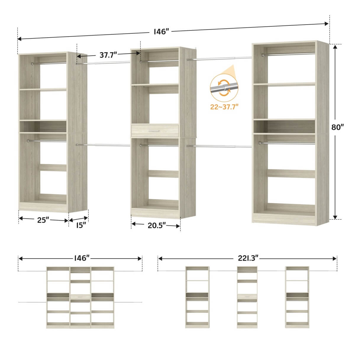 Walk-in Closet System with 10 Hanging Rods and Drawer, Adjustable, Set of 3