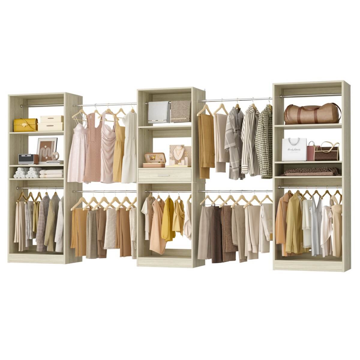 Walk-in Closet System with 10 Hanging Rods and Drawer, Adjustable, Set of 3