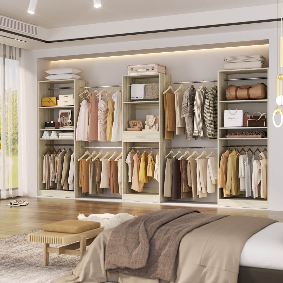 Walk-in Closet System with 10 Hanging Rods and Drawer, Adjustable, Set of 3