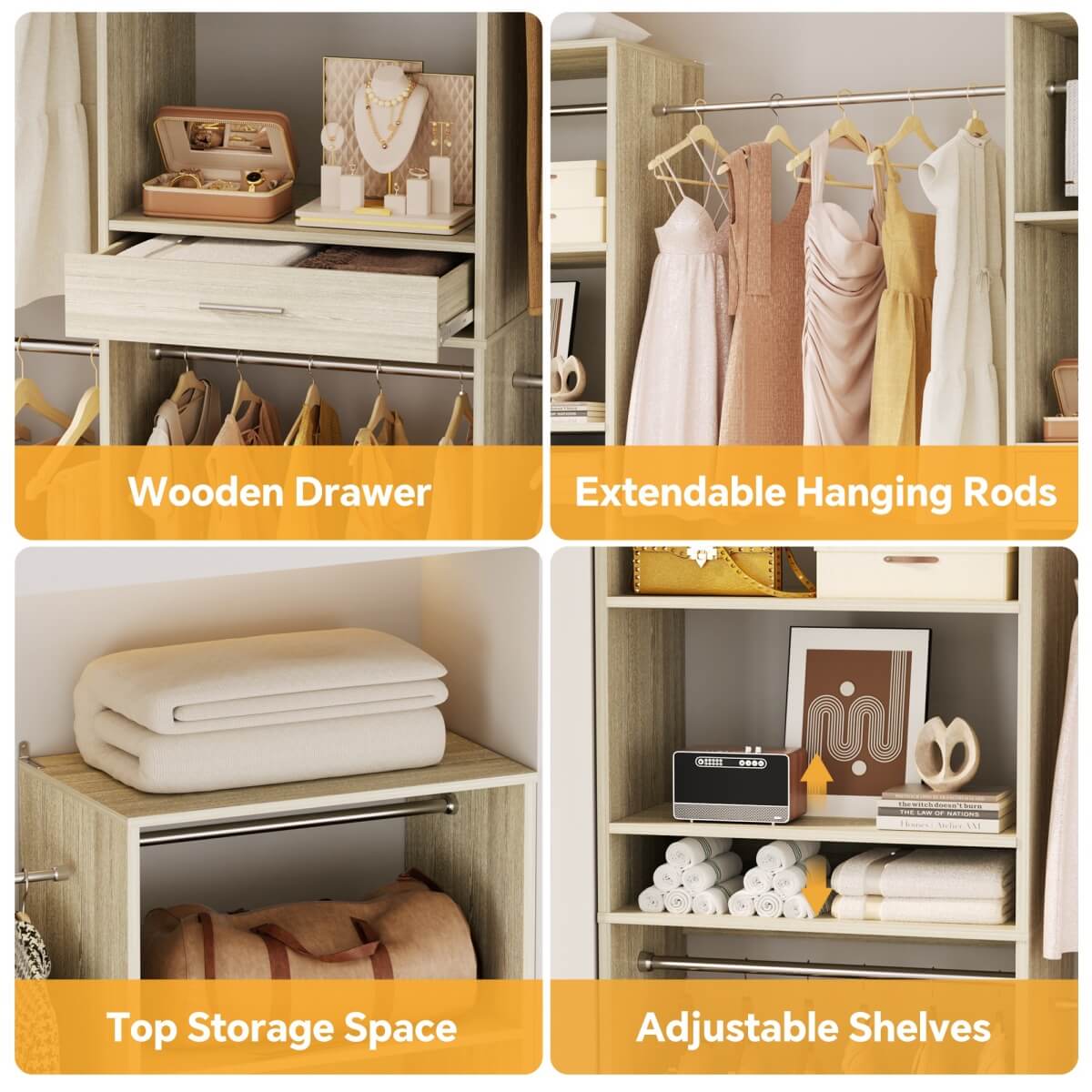 Walk-in Closet System with 10 Hanging Rods and Drawer, Adjustable, Set of 3