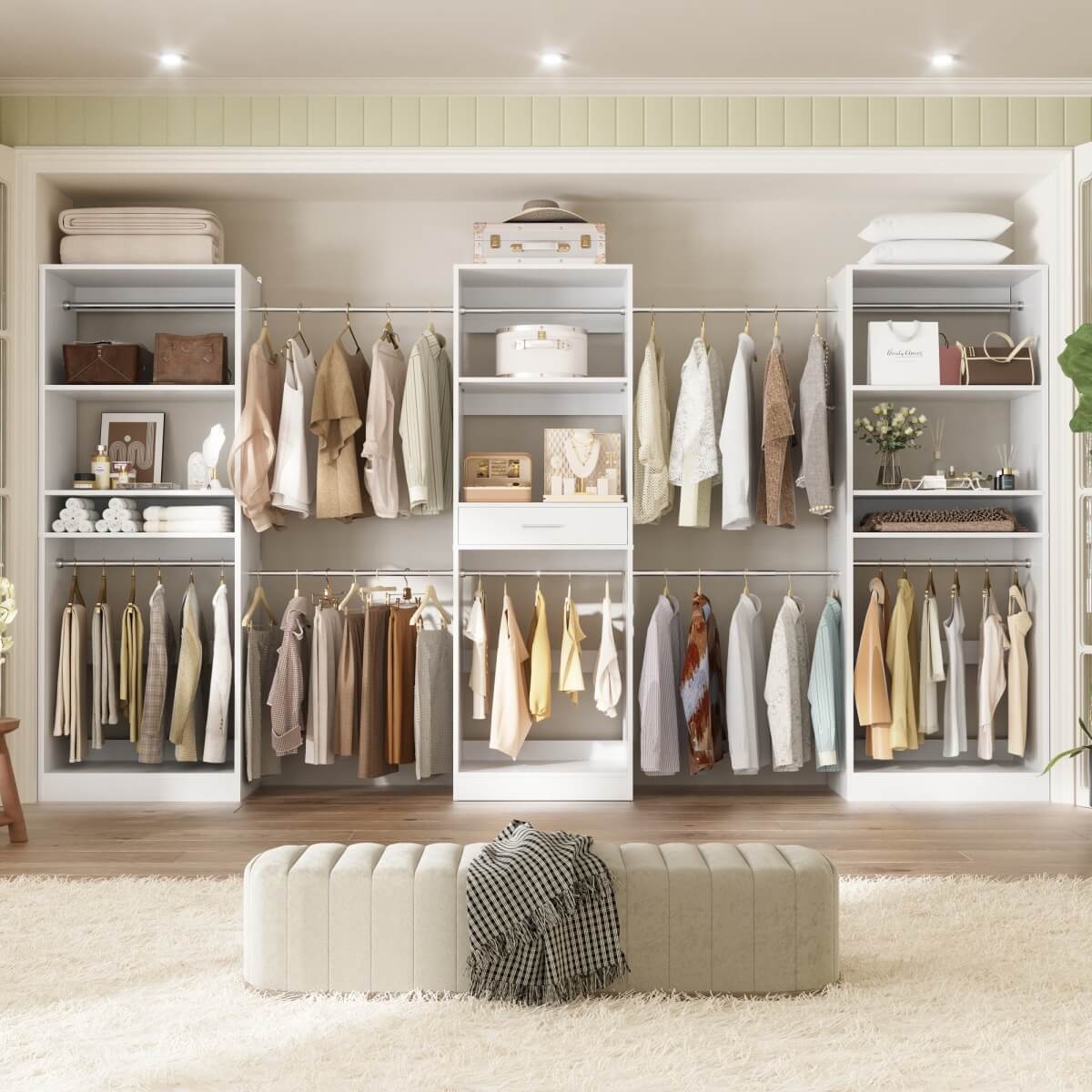 Walk-in Closet System with 10 Hanging Rods and Drawer, Adjustable, Set of 3