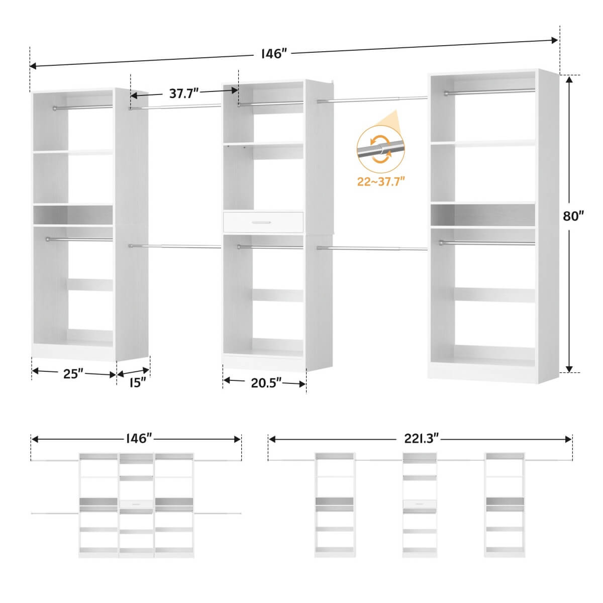 Walk-in Closet System with 10 Hanging Rods and Drawer, Adjustable, Set of 3