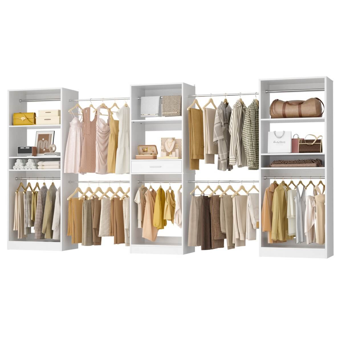 Walk-in Closet System with 10 Hanging Rods and Drawer, Adjustable, Set of 3