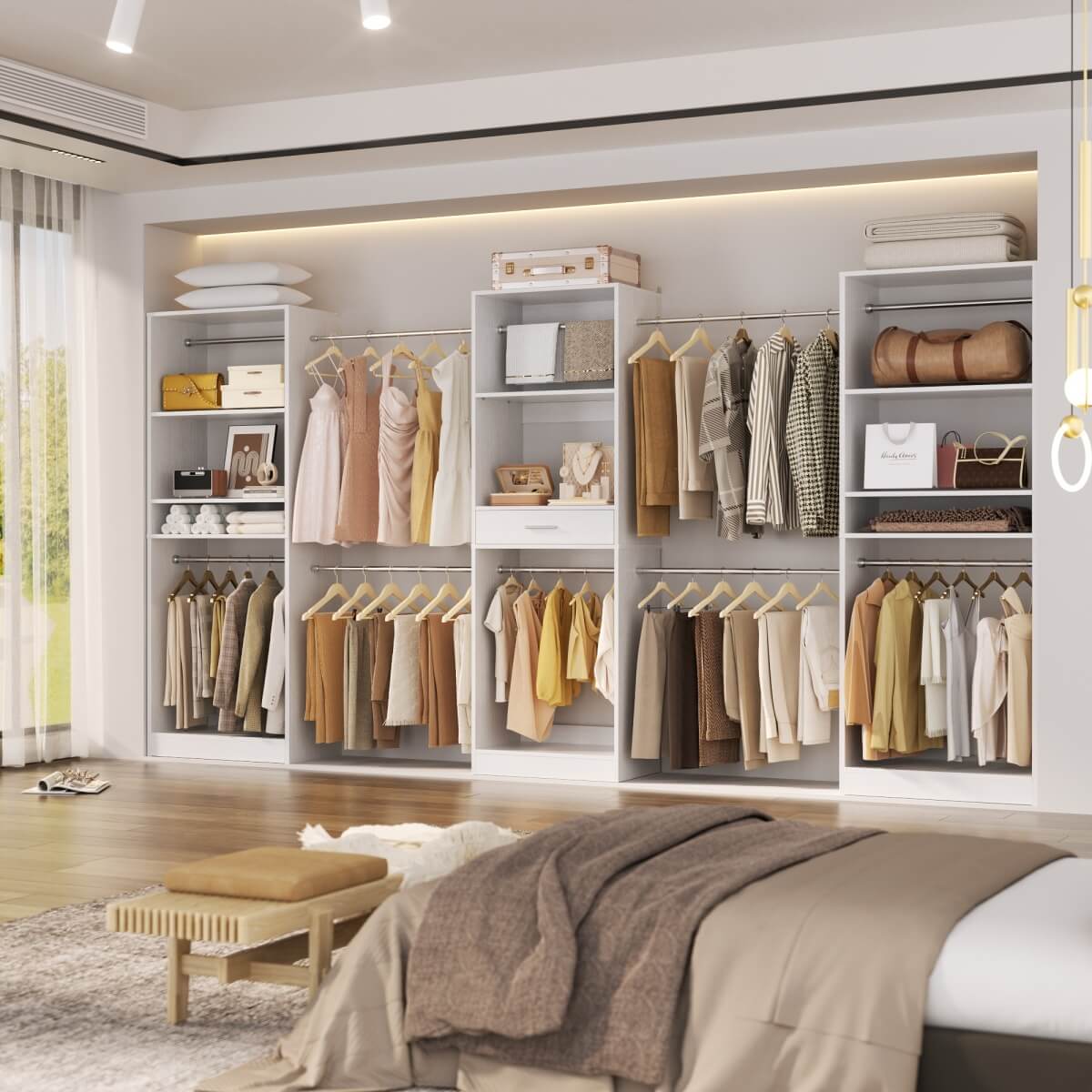 Walk-in Closet System with 10 Hanging Rods and Drawer, Adjustable, Set of 3