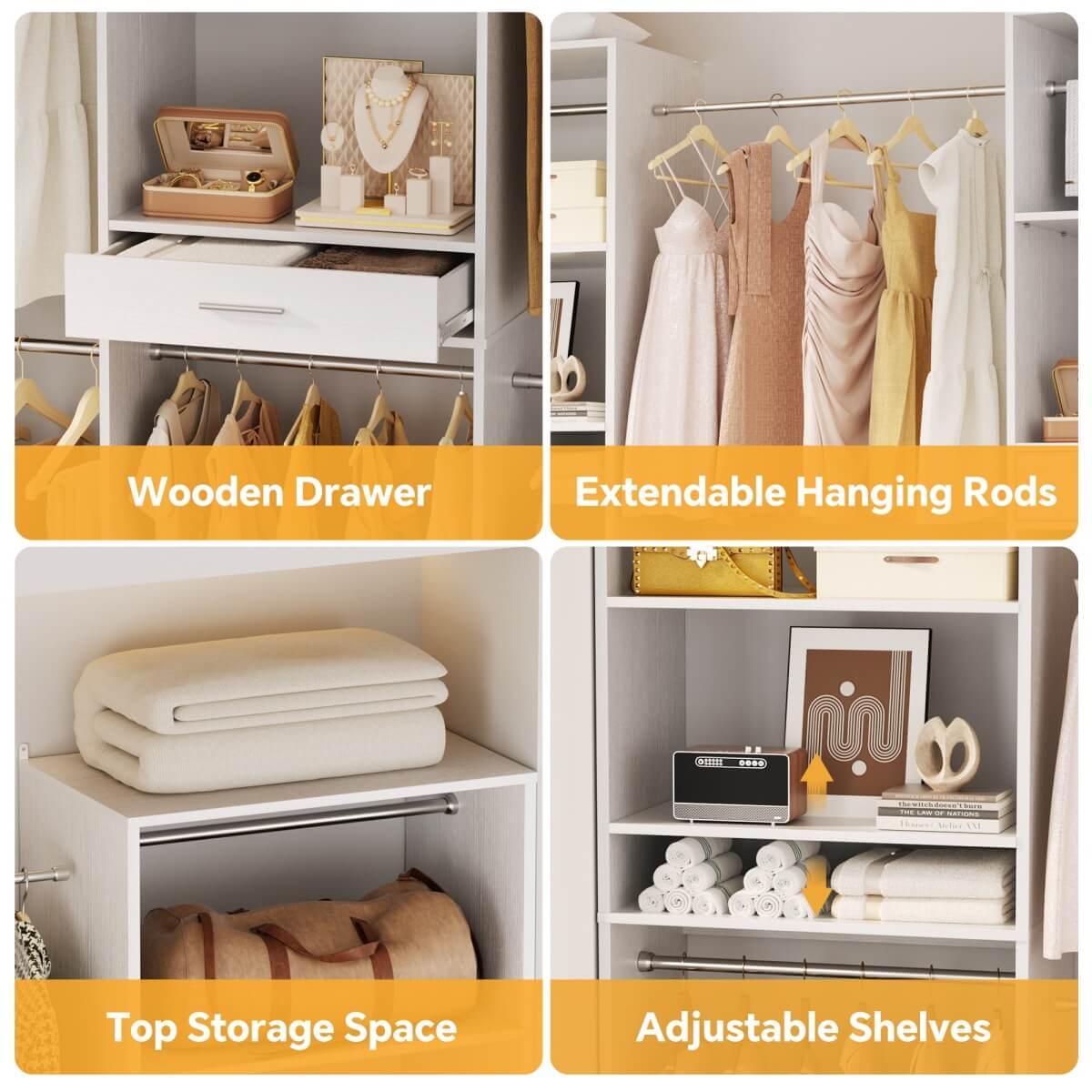 Walk-in Closet System with 10 Hanging Rods and Drawer, Adjustable, Set of 3