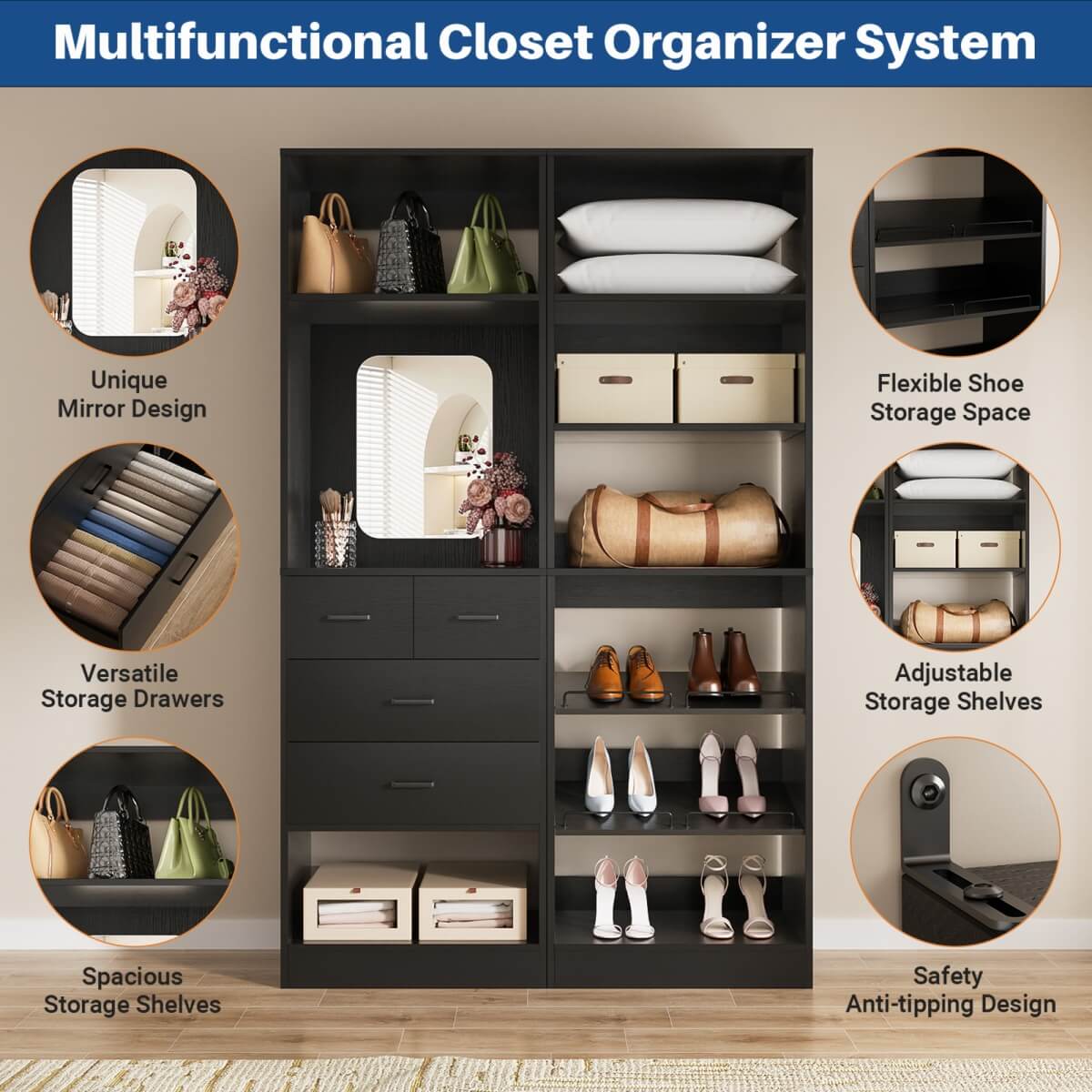 50'' Closet System with 2 Sets, Closet Organizer System with 4 Drawers & Shoe Racks