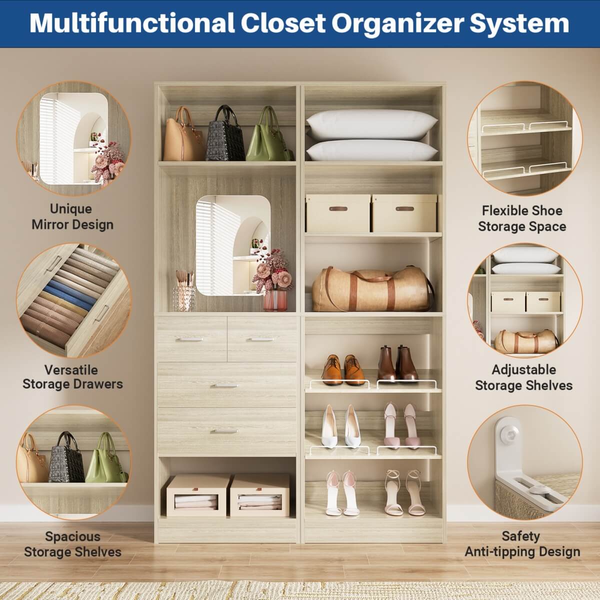 50'' Closet System with 2 Sets, Closet Organizer System with 4 Drawers & Shoe Racks