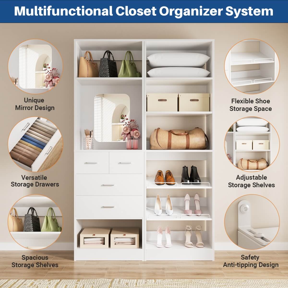 50'' Closet System with 2 Sets, Closet Organizer System with 4 Drawers & Shoe Racks