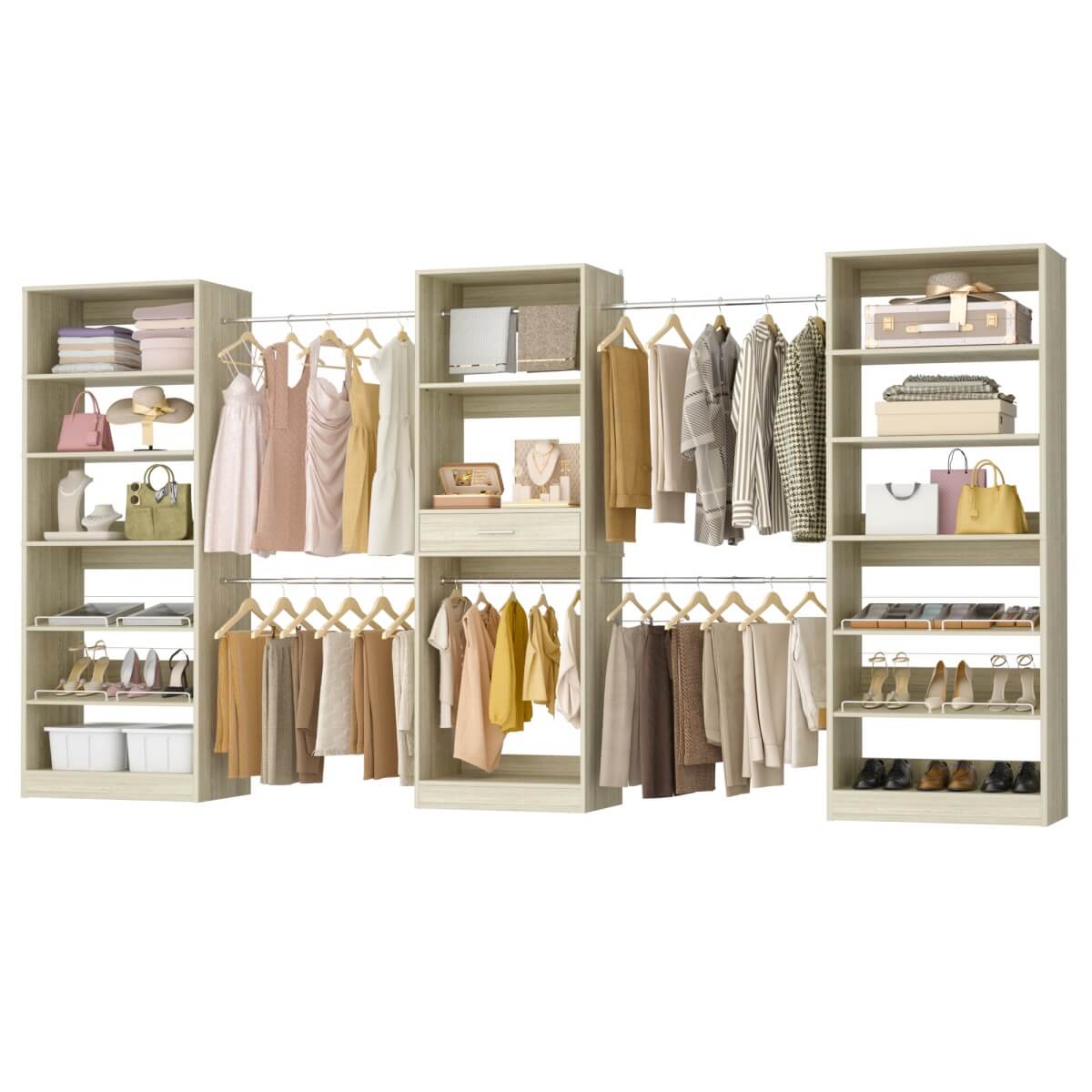 Closet System with 3 Sets, 146'' Closet System with 6 Hanging Rods, Shoe Racks, and Drawer