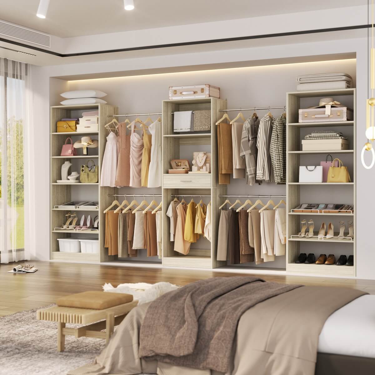 Closet System with 3 Sets, 146'' Closet System with 6 Hanging Rods, Shoe Racks, and Drawer