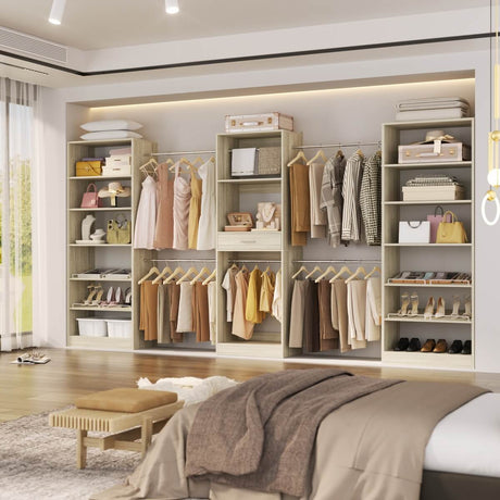Closet System with 3 Sets, 146'' Closet System with 6 Hanging Rods, Shoe Racks, and Drawer
