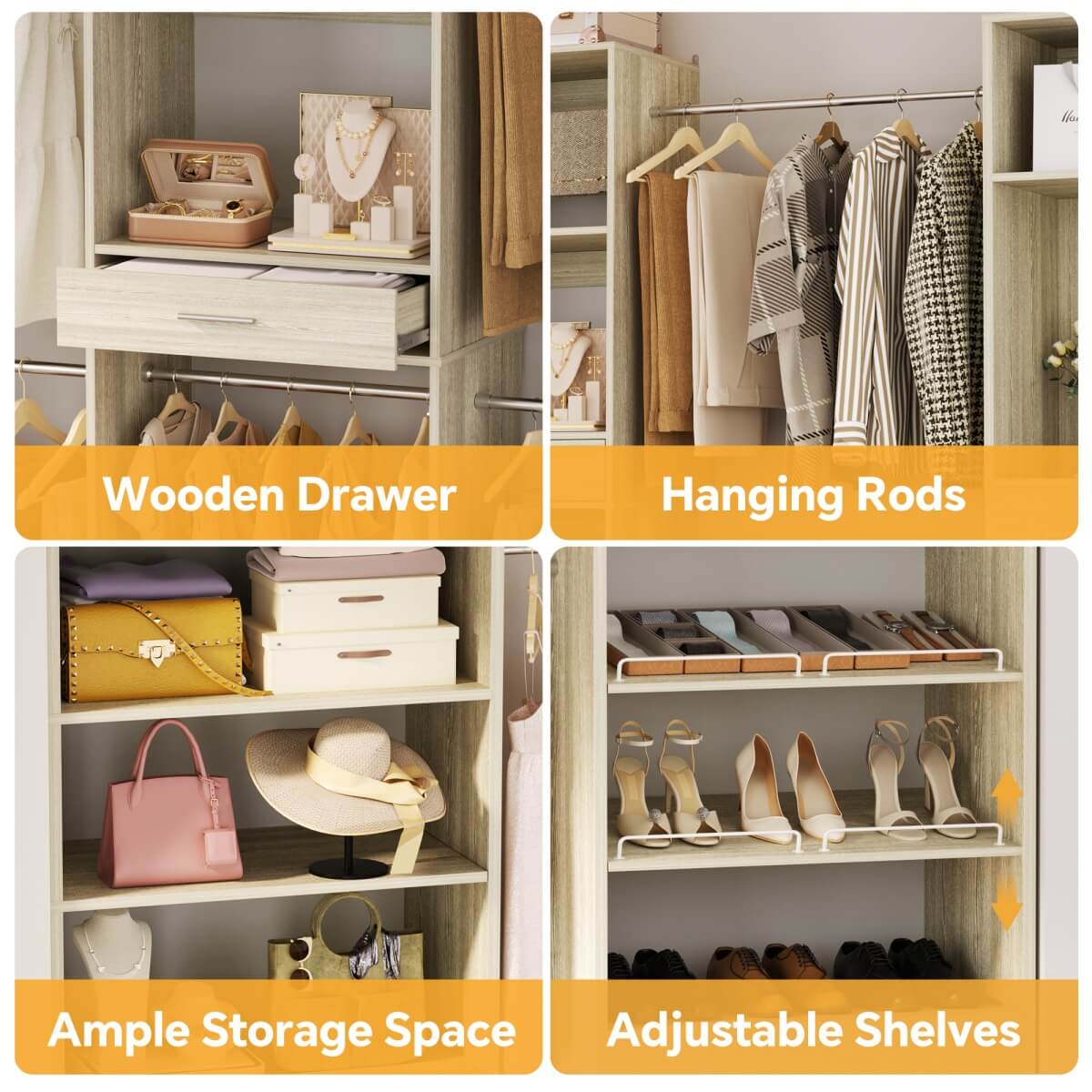 Closet System with 3 Sets, 146'' Closet System with 6 Hanging Rods, Shoe Racks, and Drawer