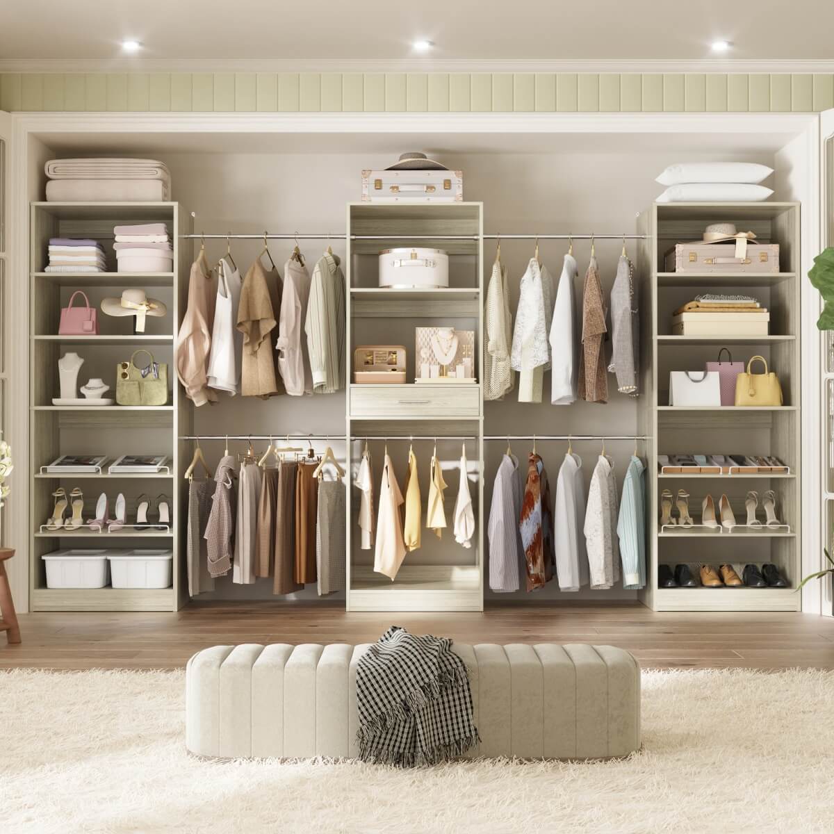 Closet System with 3 Sets, 146'' Closet System with 6 Hanging Rods, Shoe Racks, and Drawer