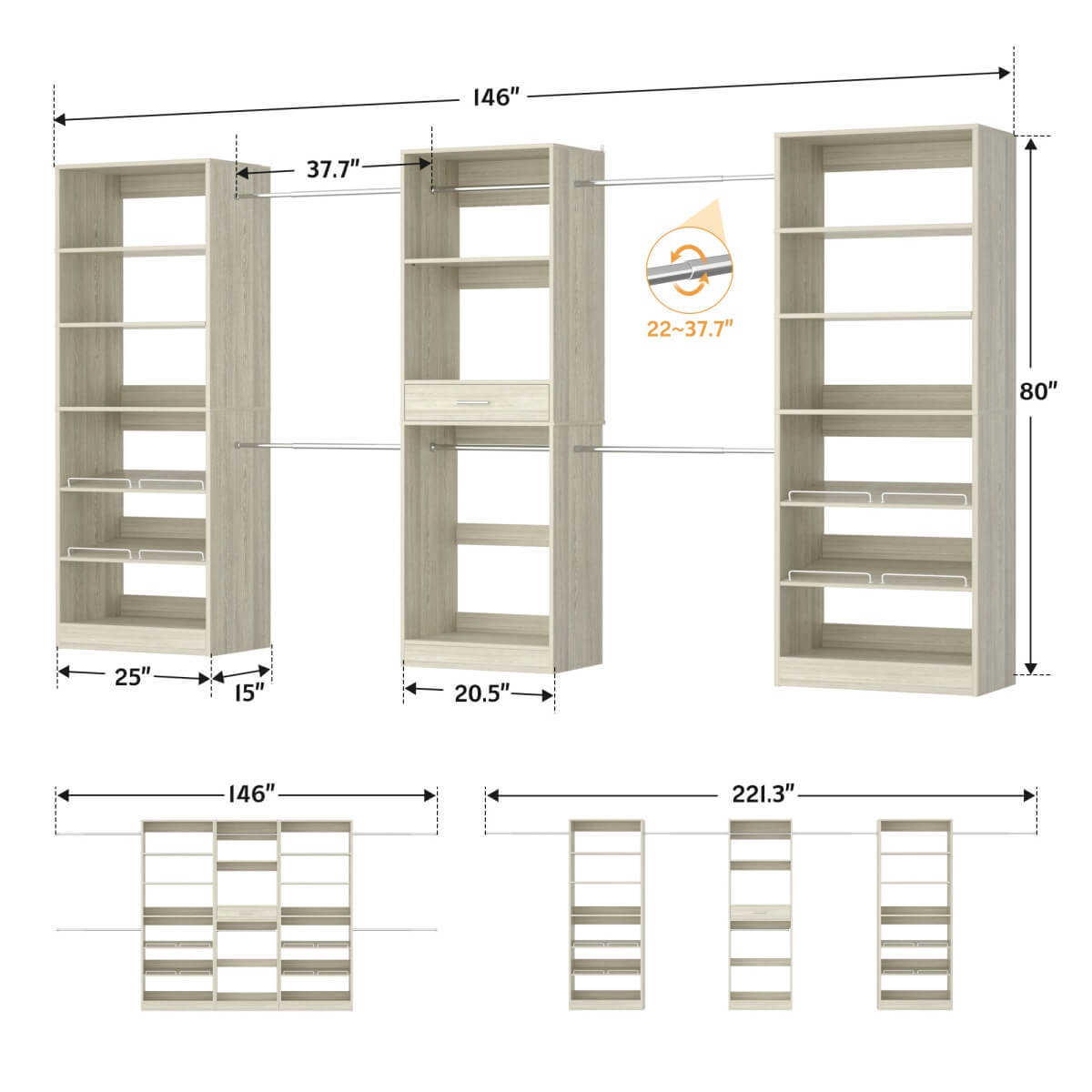 Closet System with 3 Sets, 146'' Closet System with 6 Hanging Rods, Shoe Racks, and Drawer