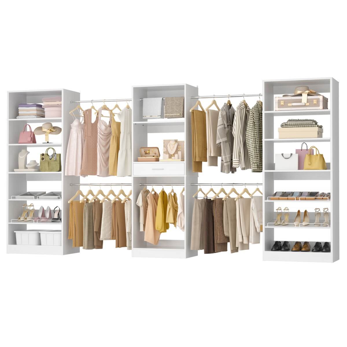 Closet System with 3 Sets, 146'' Closet System with 6 Hanging Rods, Shoe Racks, and Drawer