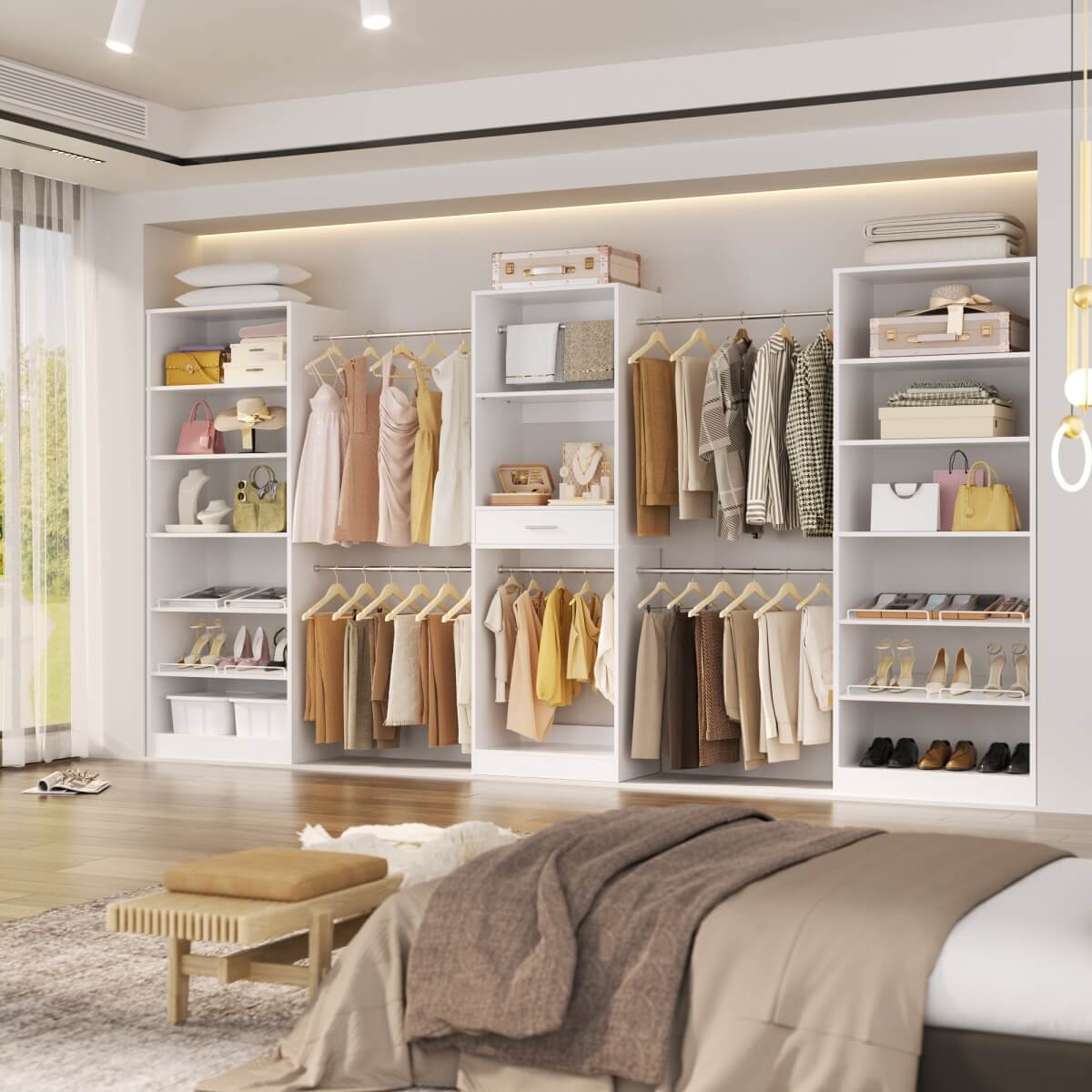 Closet System with 3 Sets, 146'' Closet System with 6 Hanging Rods, Shoe Racks, and Drawer