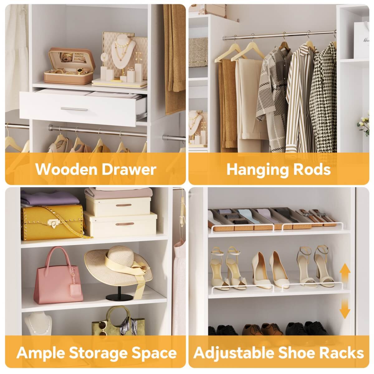 Closet System with 3 Sets, 146'' Closet System with 6 Hanging Rods, Shoe Racks, and Drawer