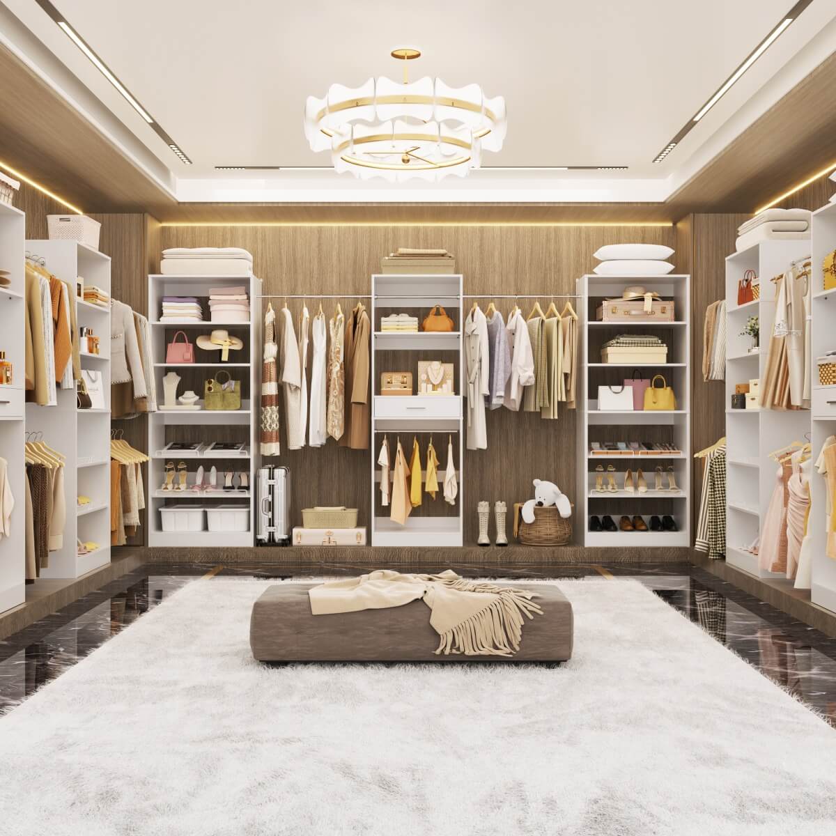 Closet System with 3 Sets, 146'' Closet System with 6 Hanging Rods, Shoe Racks, and Drawer