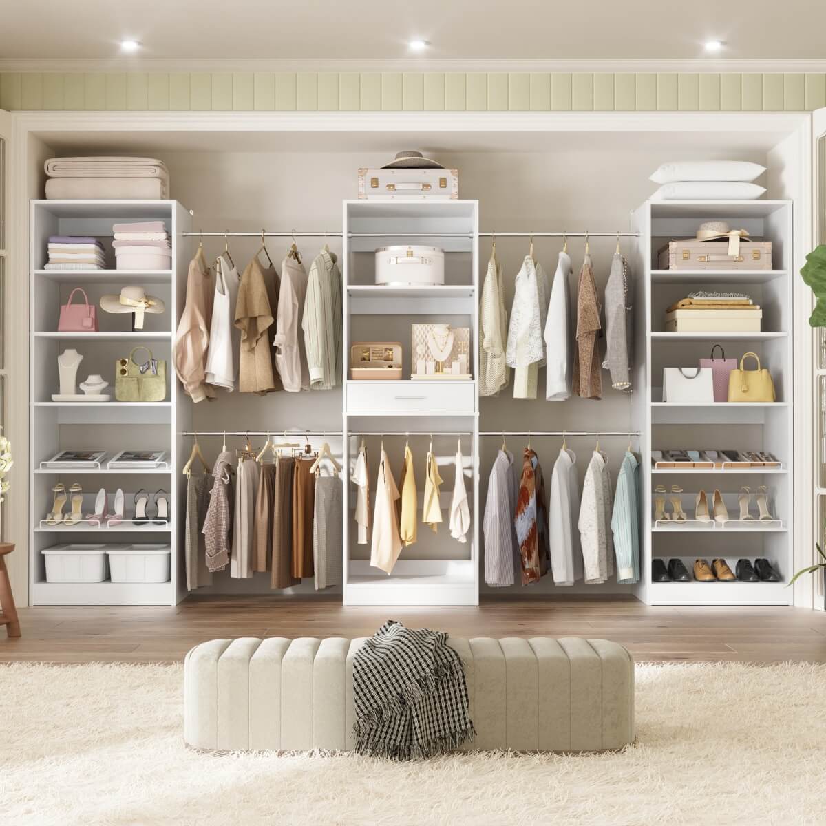 Closet System with 3 Sets, 146'' Closet System with 6 Hanging Rods, Shoe Racks, and Drawer