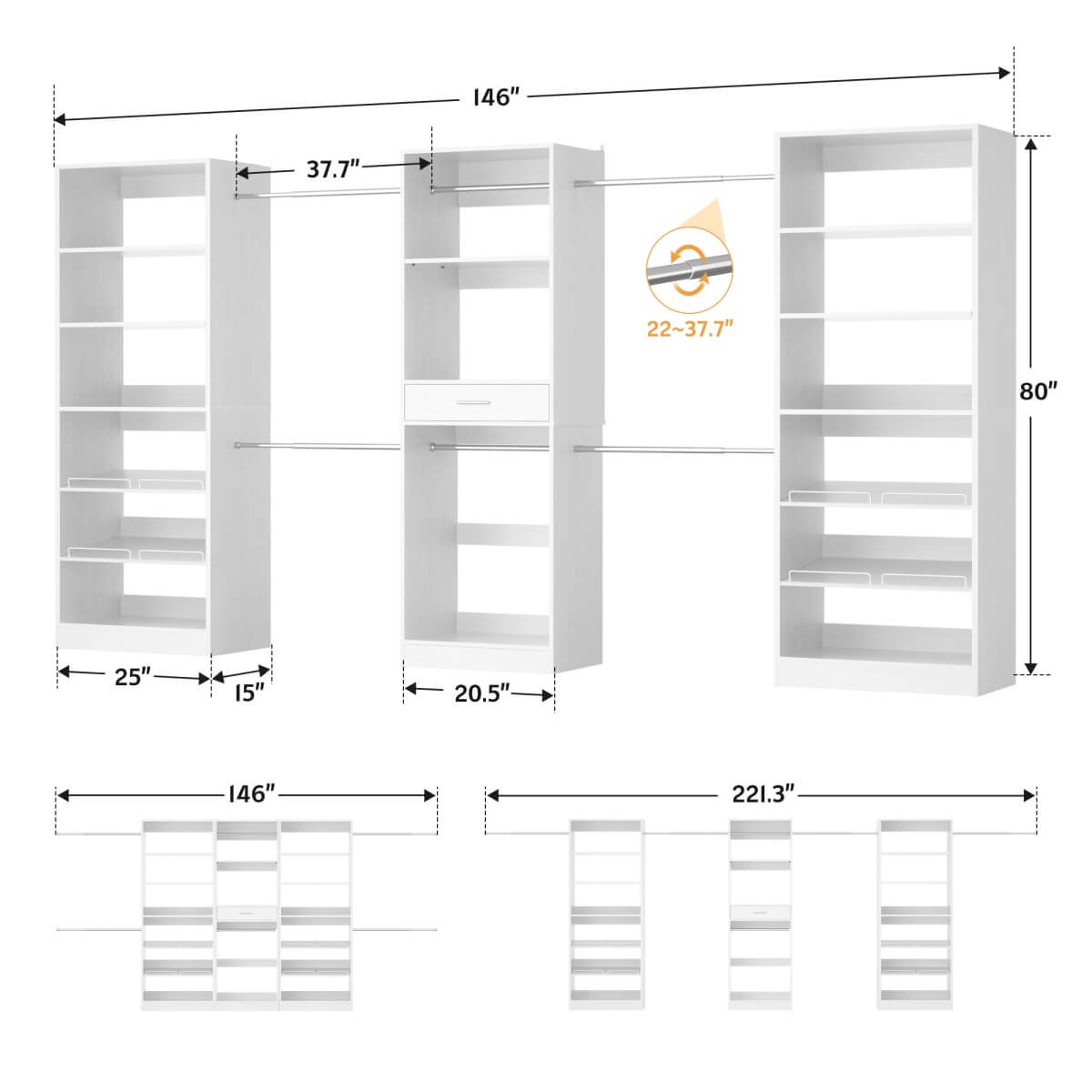 Closet System with 3 Sets, 146'' Closet System with 6 Hanging Rods, Shoe Racks, and Drawer