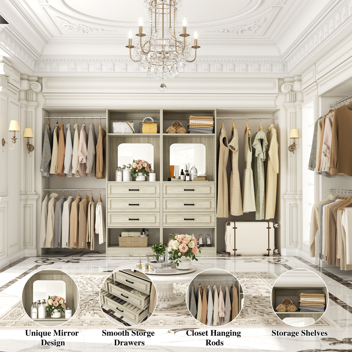 Unikito Closet System with 6 Drawers, 6-14Ft Closet Organizer with 3 Hanging Rods and Mirror