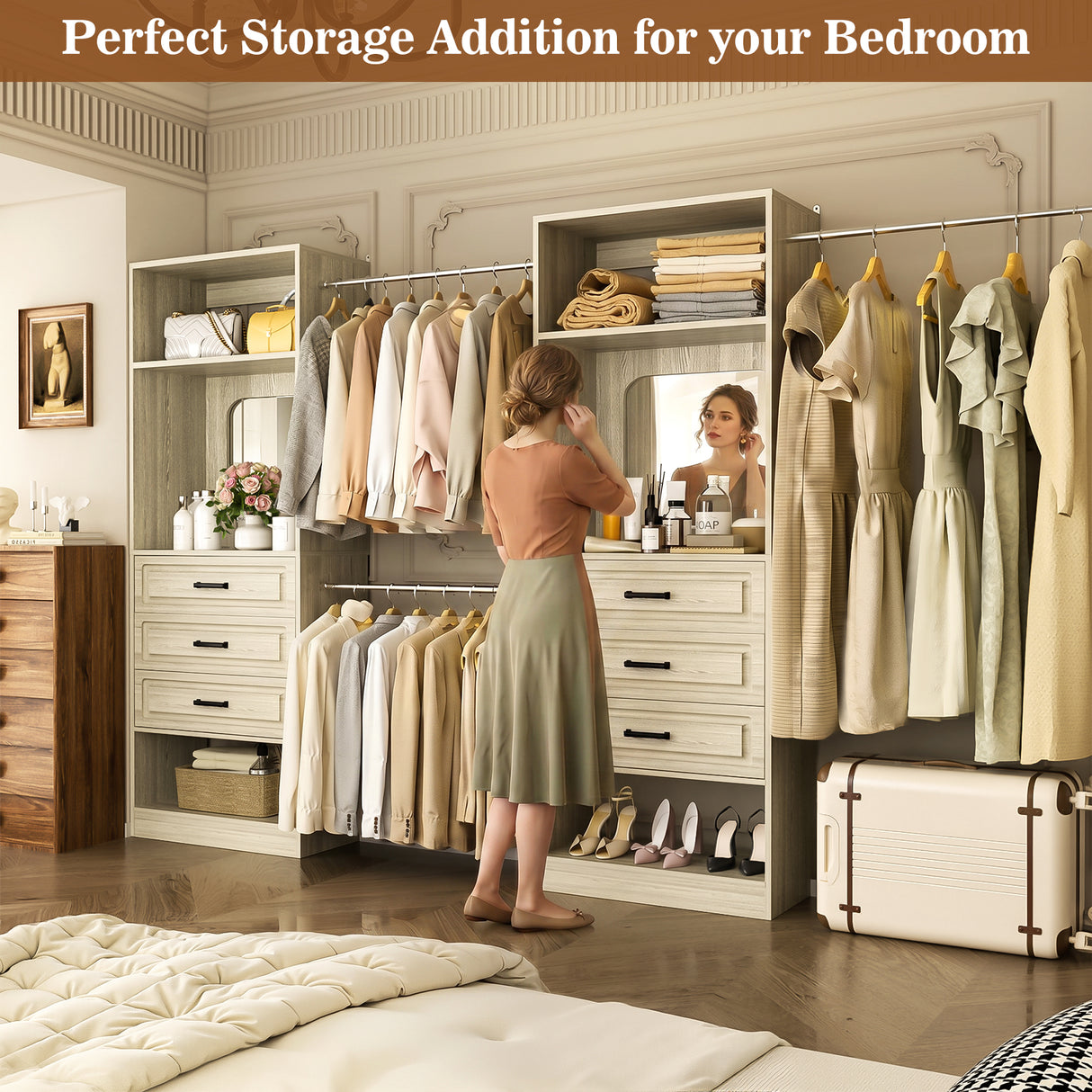 Unikito Closet System with 6 Drawers, 6-14Ft Closet Organizer with 3 Hanging Rods and Mirror