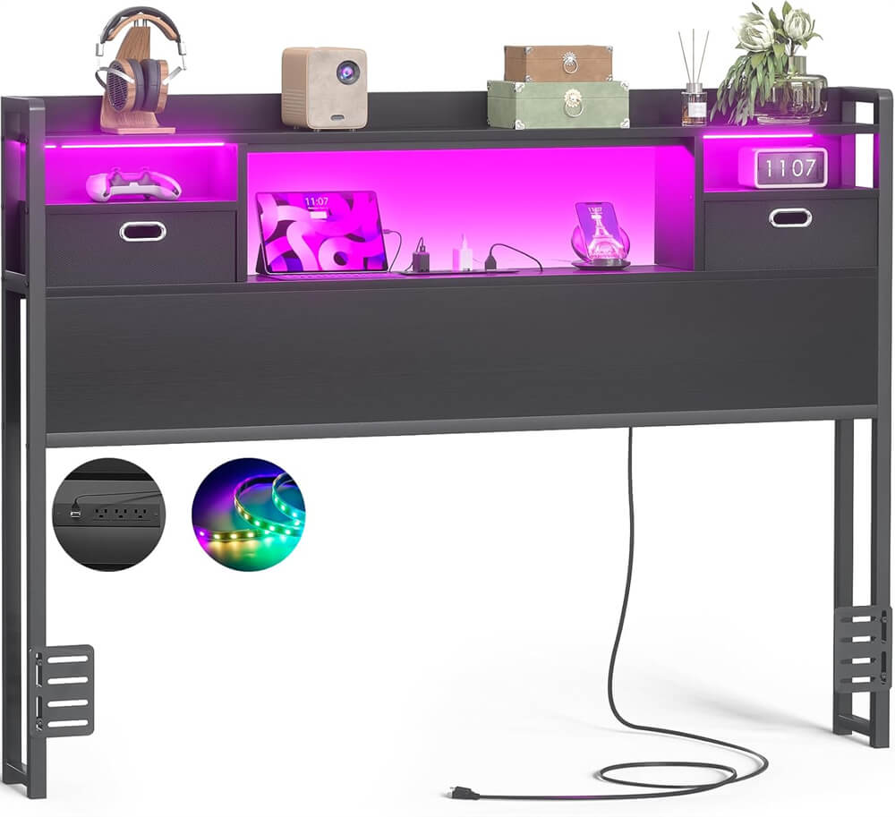 Full Size Bookcase Headboard with Storage Drawers, Power Outlets, and RGB LED Light, for Full Bed
