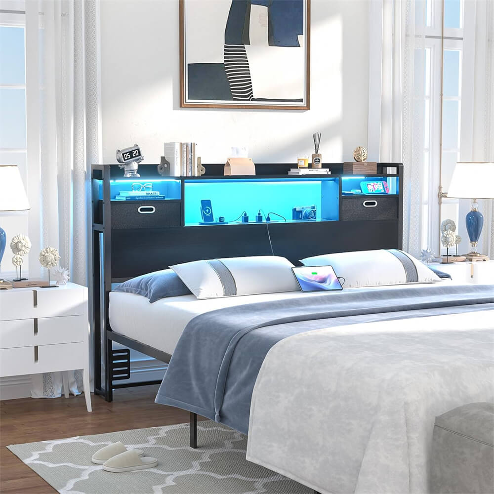 Full Size Bookcase Headboard with Storage Drawers, Power Outlets, and RGB LED Light, for Full Bed