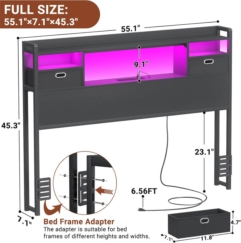 Full Size Bookcase Headboard with Storage Drawers, Power Outlets, and RGB LED Light, for Full Bed